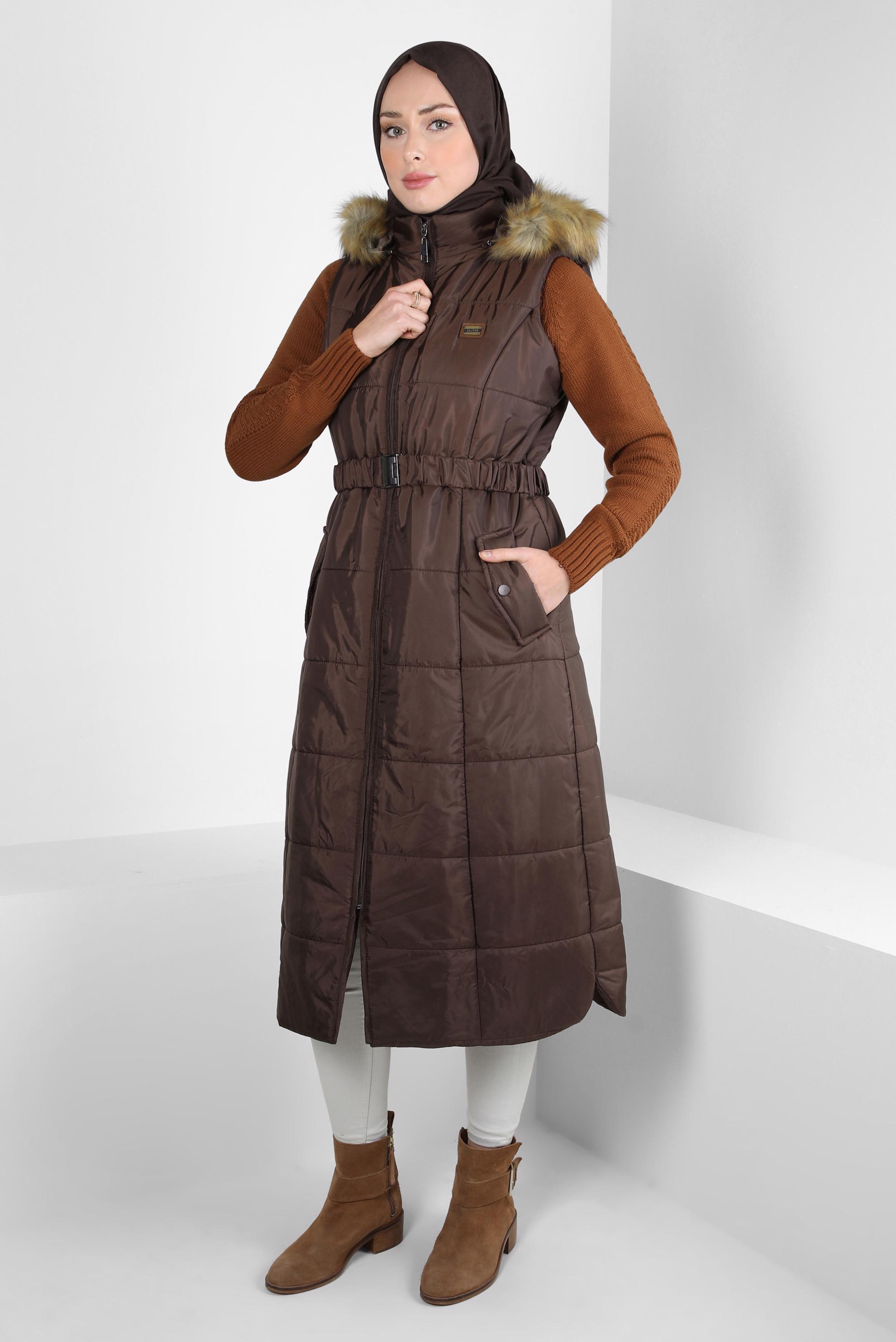 Tesettür giyim KAHVE KEMERLİ ŞİŞME YELEK 90440