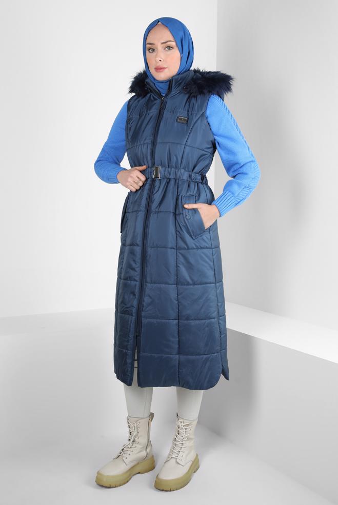 Vêtements hijab BLEU MARINE GILET DOUX CEINTURE 90440 - ALVİNA
