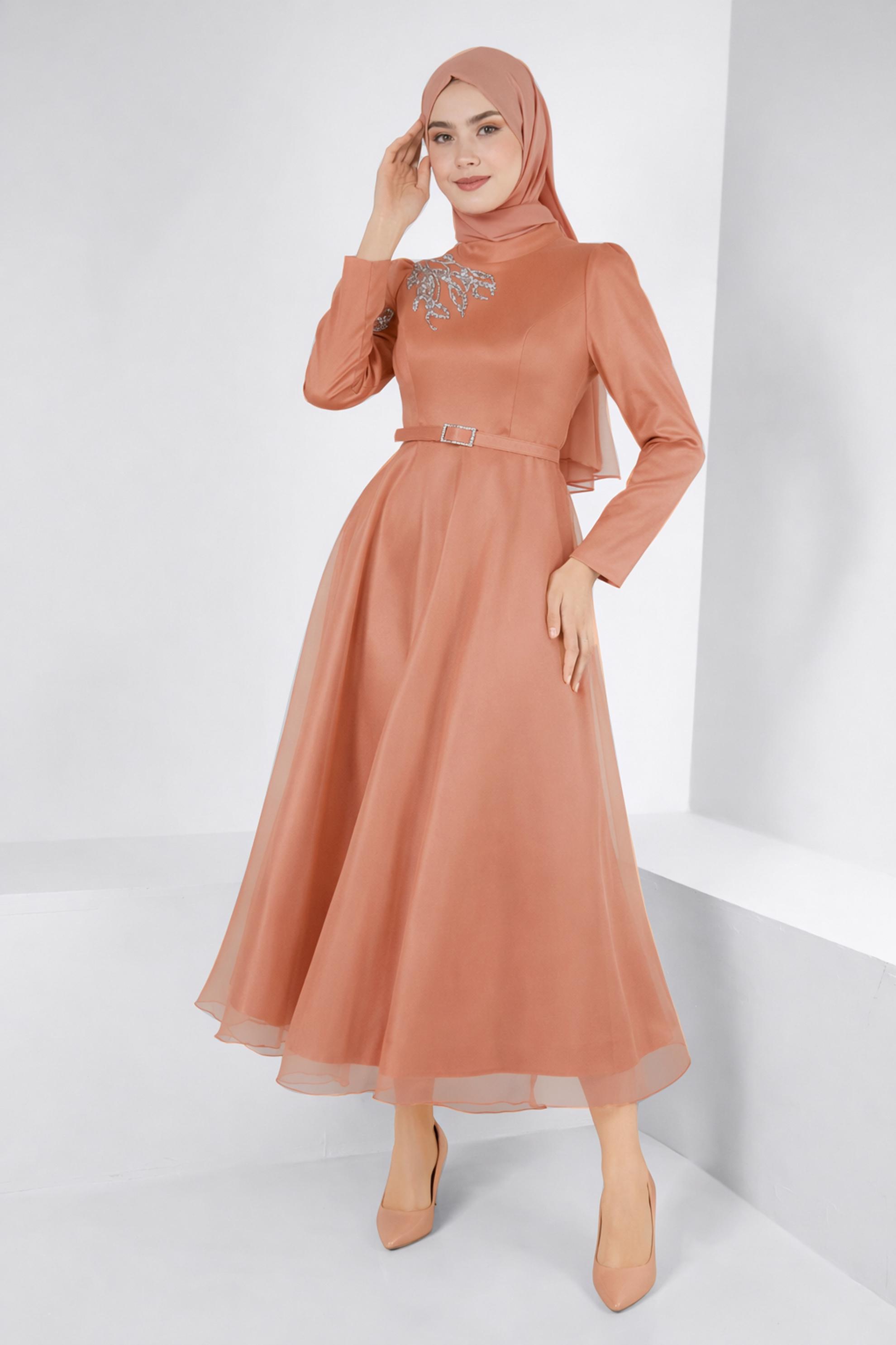 Hijab clothing BROWN GEM EMBROIDERED EVENING DRESS 50226