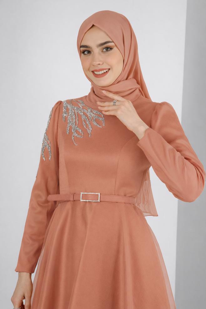 Hijab clothing BROWN GEM EMBROIDERED EVENING DRESS 50226 - ALVİNA
