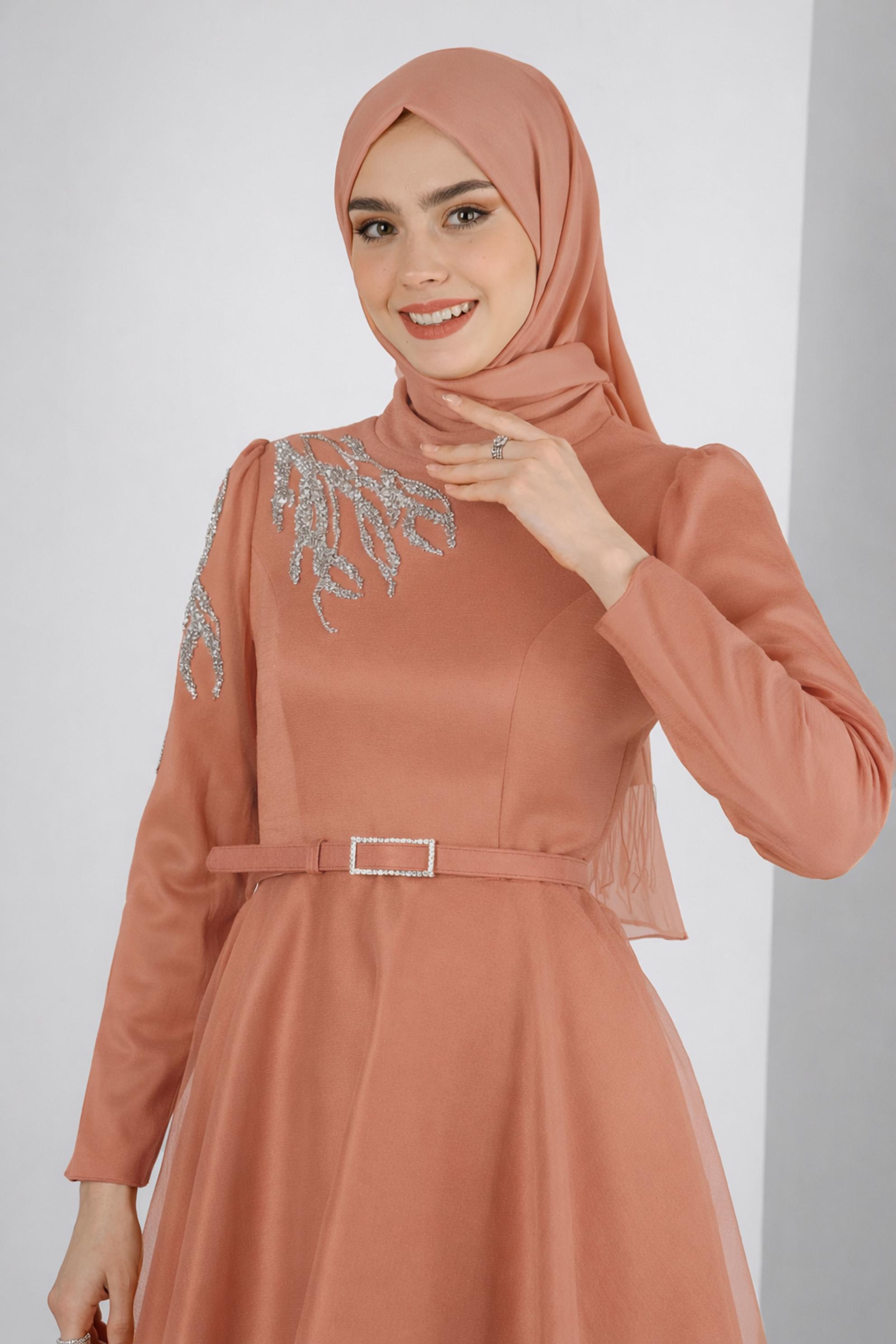 Hijab clothing BROWN GEM EMBROIDERED EVENING DRESS 50226