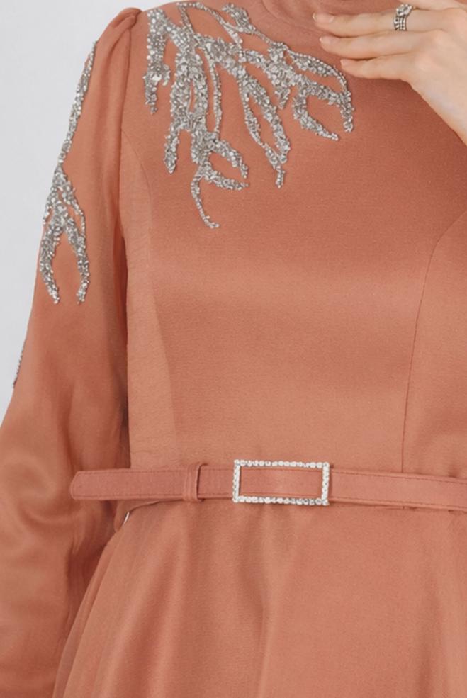 Hijab clothing BROWN GEM EMBROIDERED EVENING DRESS 50226 - ALVİNA