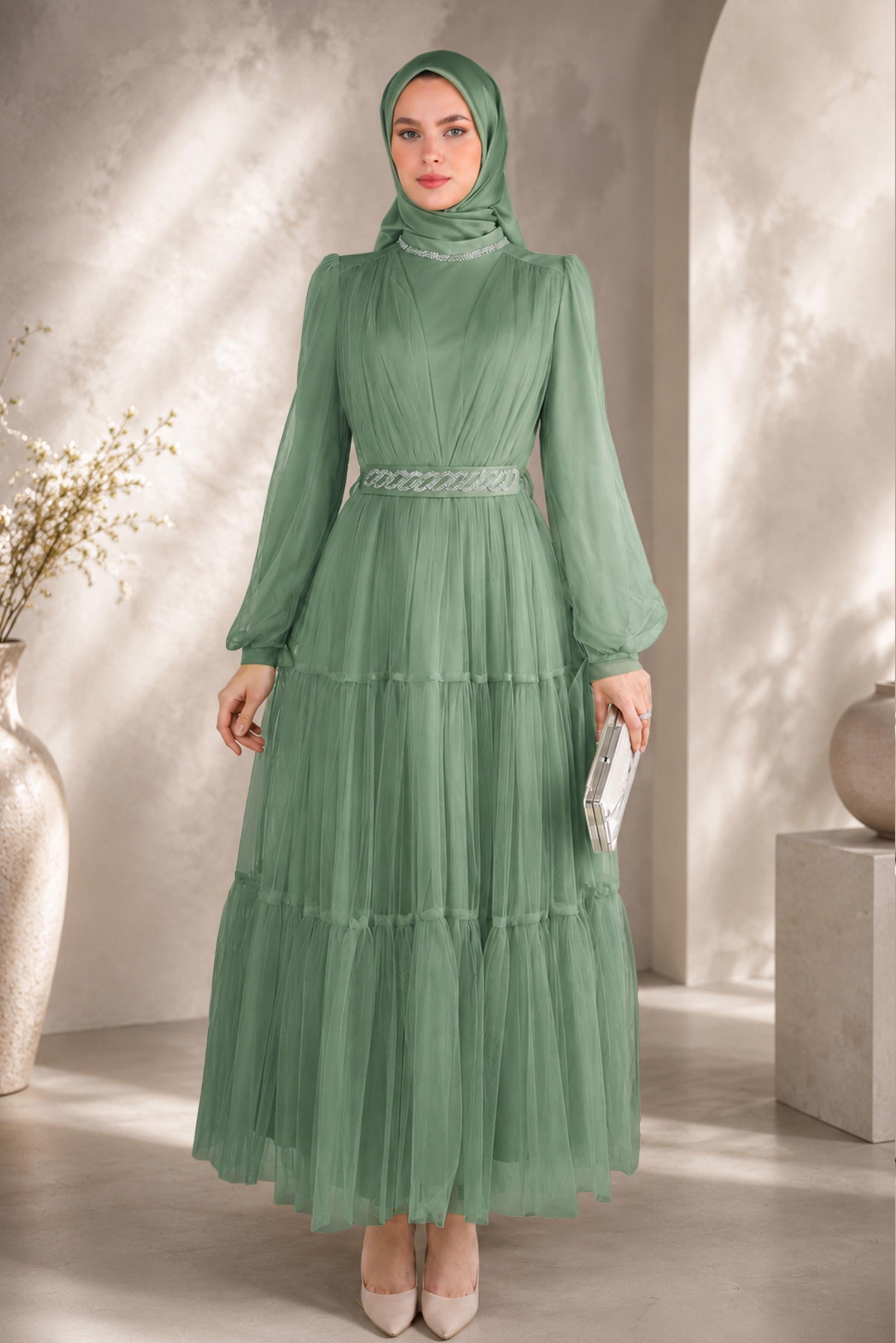 Tesettür giyim BEJ 50306 KARTÜL ABİYE ELBİSE 38/42 TEK40