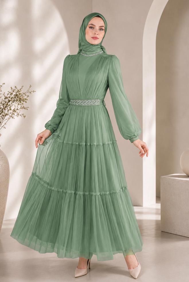 Tesettür giyim BEJ 50306 KARTÜL ABİYE ELBİSE 38/42 TEK40 - ALVİNA