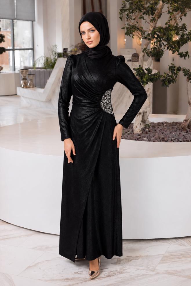 Tesettür giyim SİYAH 50322 LİDYA ÖRME ABİYE ELBİSE 38/46 TEK42 - ALVİNA