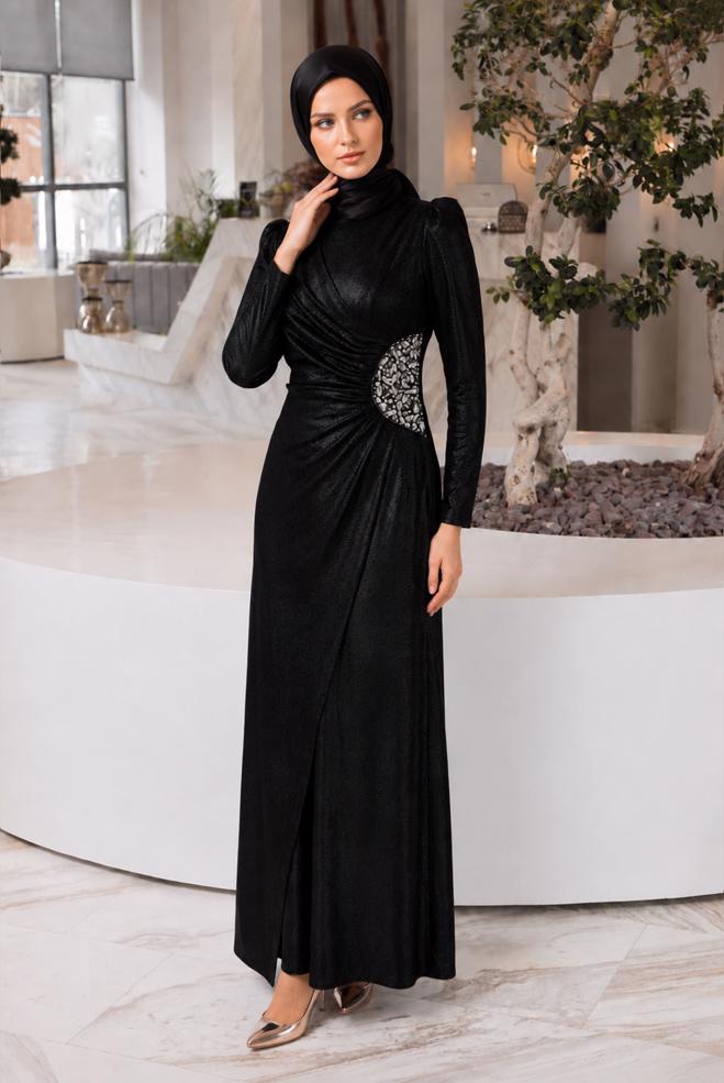 Tesettür giyim SİYAH 50322 LİDYA ÖRME ABİYE ELBİSE 38/46 TEK42 - ALVİNA