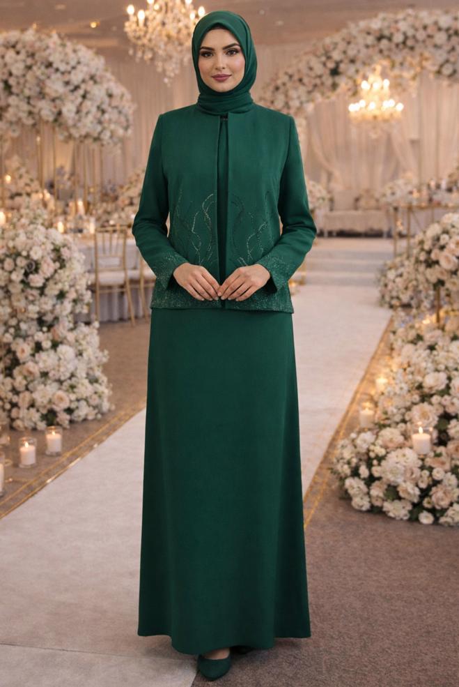 Hijab clothing GREEN THREE PIECES SKIRTED SUIT 30348 - ALVİNA