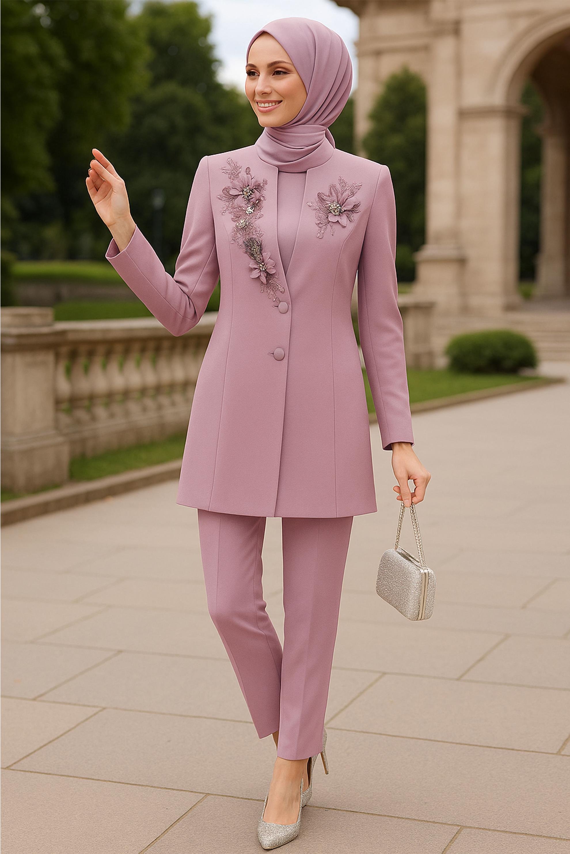 Tesettür giyim PUDRA ÇİÇEK DETAYLI ÜÇLÜ PANTOLONLU TAKIM 30319