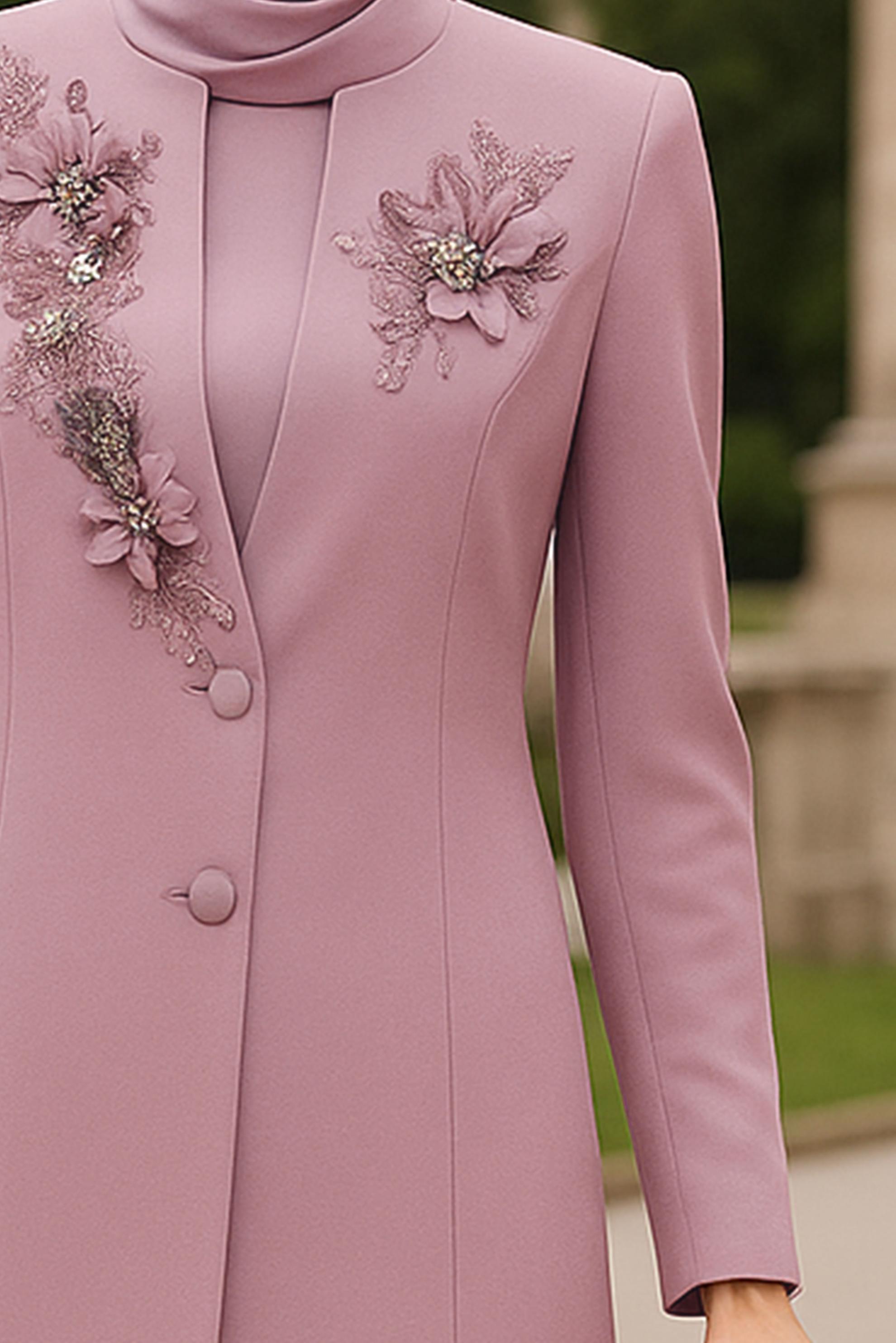 Tesettür giyim PUDRA ÇİÇEK DETAYLI ÜÇLÜ PANTOLONLU TAKIM 30319