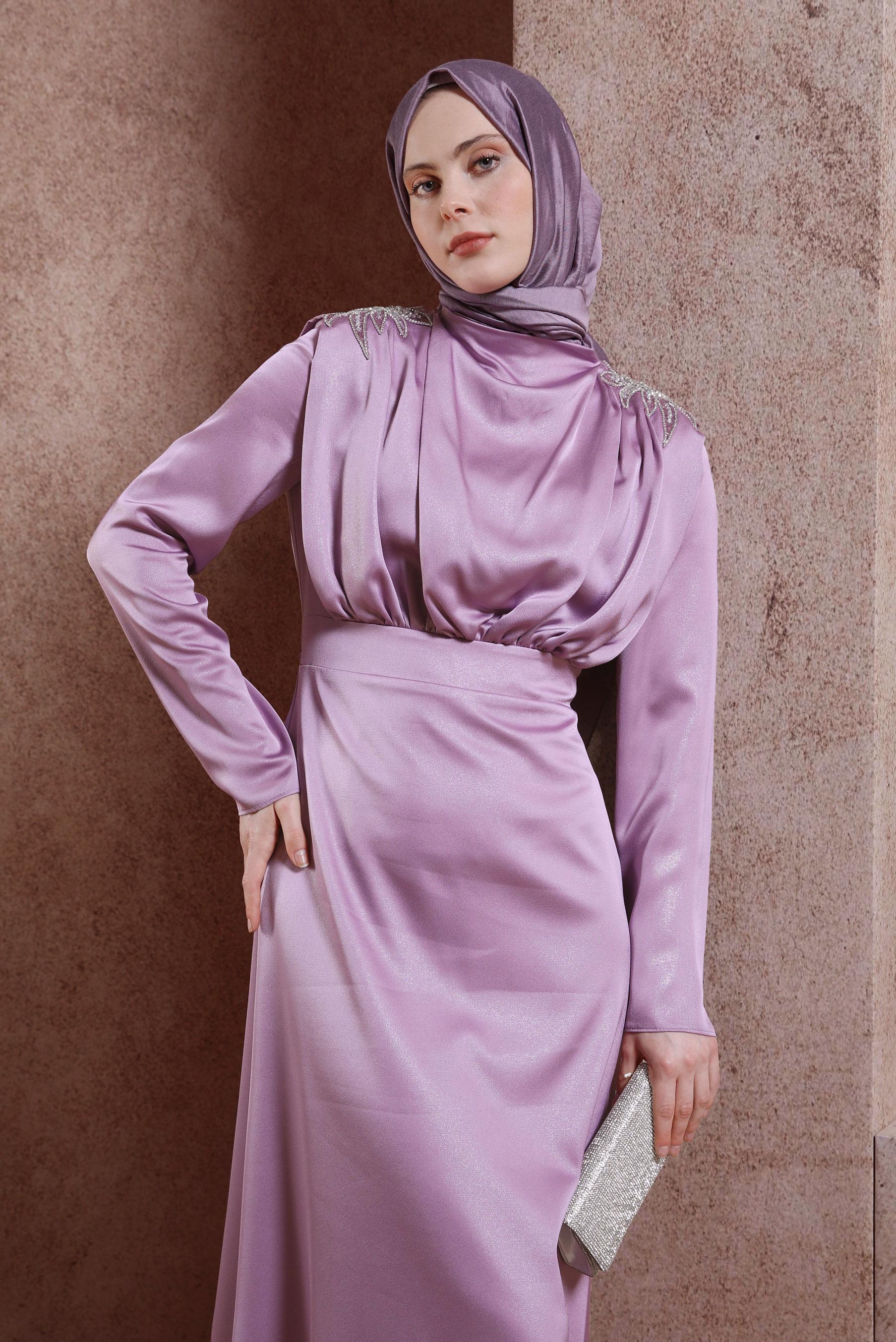 Tesettür giyim MOR TAŞ DETAYLI ABİYE ELBİSE 50330