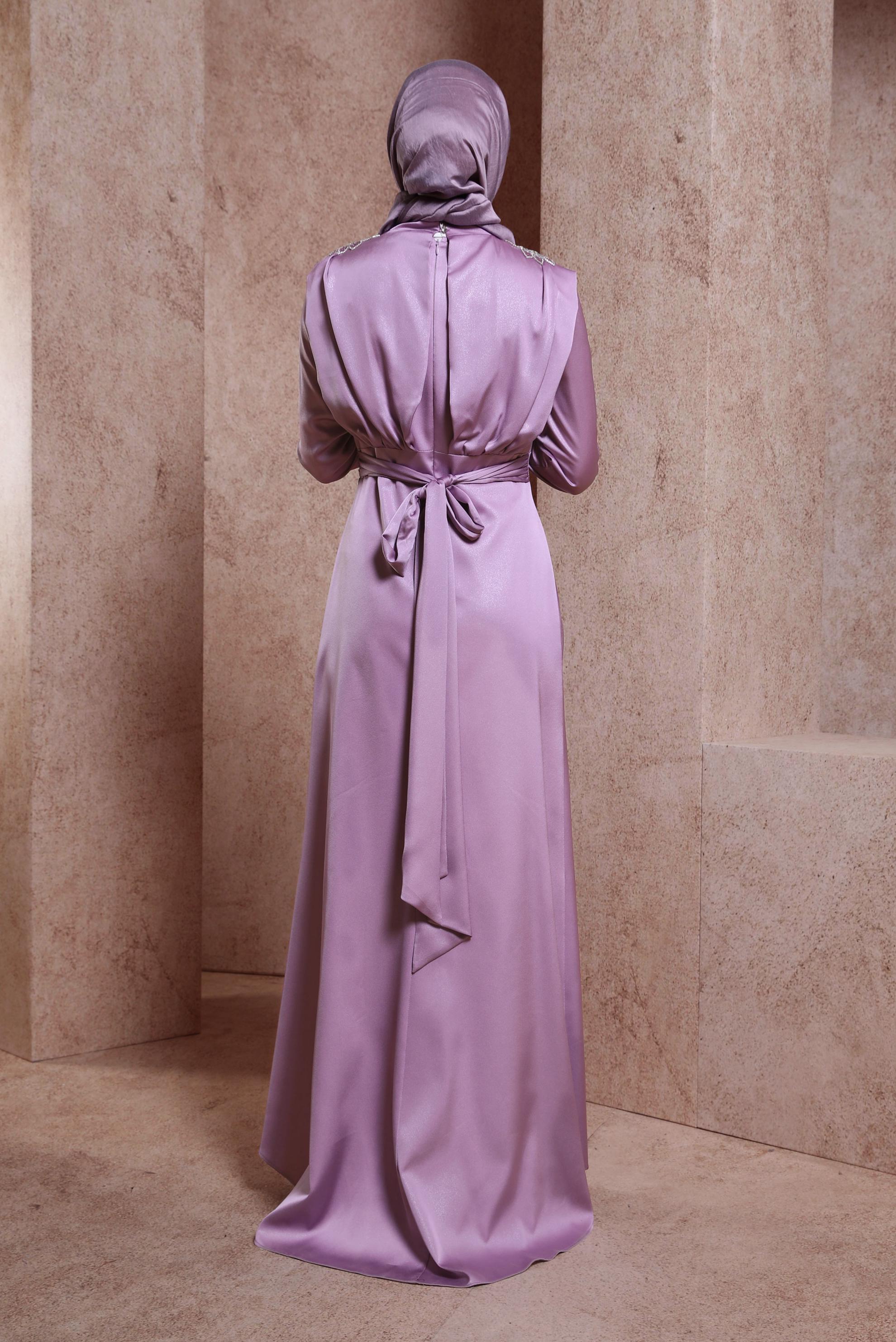 Tesettür giyim MOR TAŞ DETAYLI ABİYE ELBİSE 50330