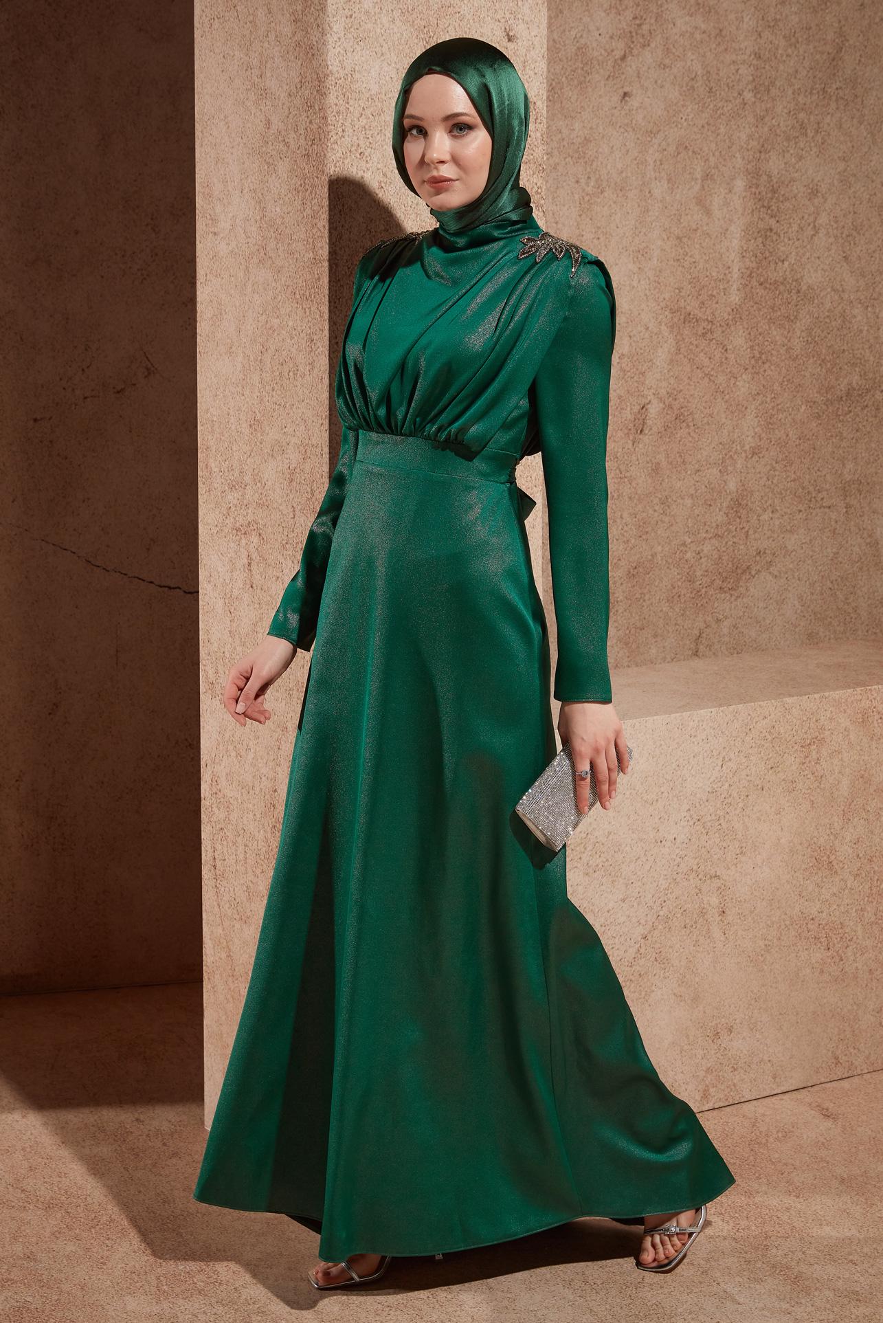 Tesettür giyim YEŞİL TAŞ DETAYLI ABİYE ELBİSE 50330