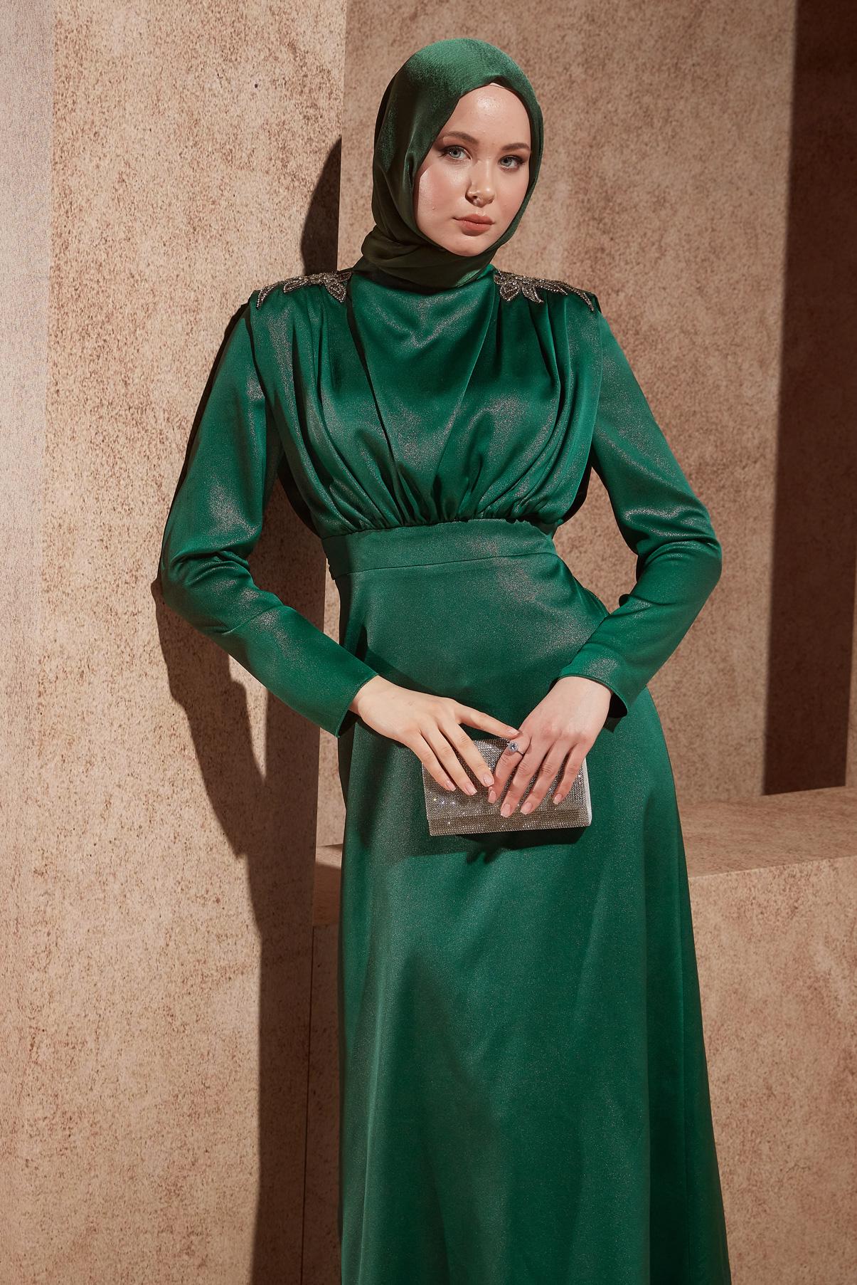 Tesettür giyim YEŞİL TAŞ DETAYLI ABİYE ELBİSE 50330