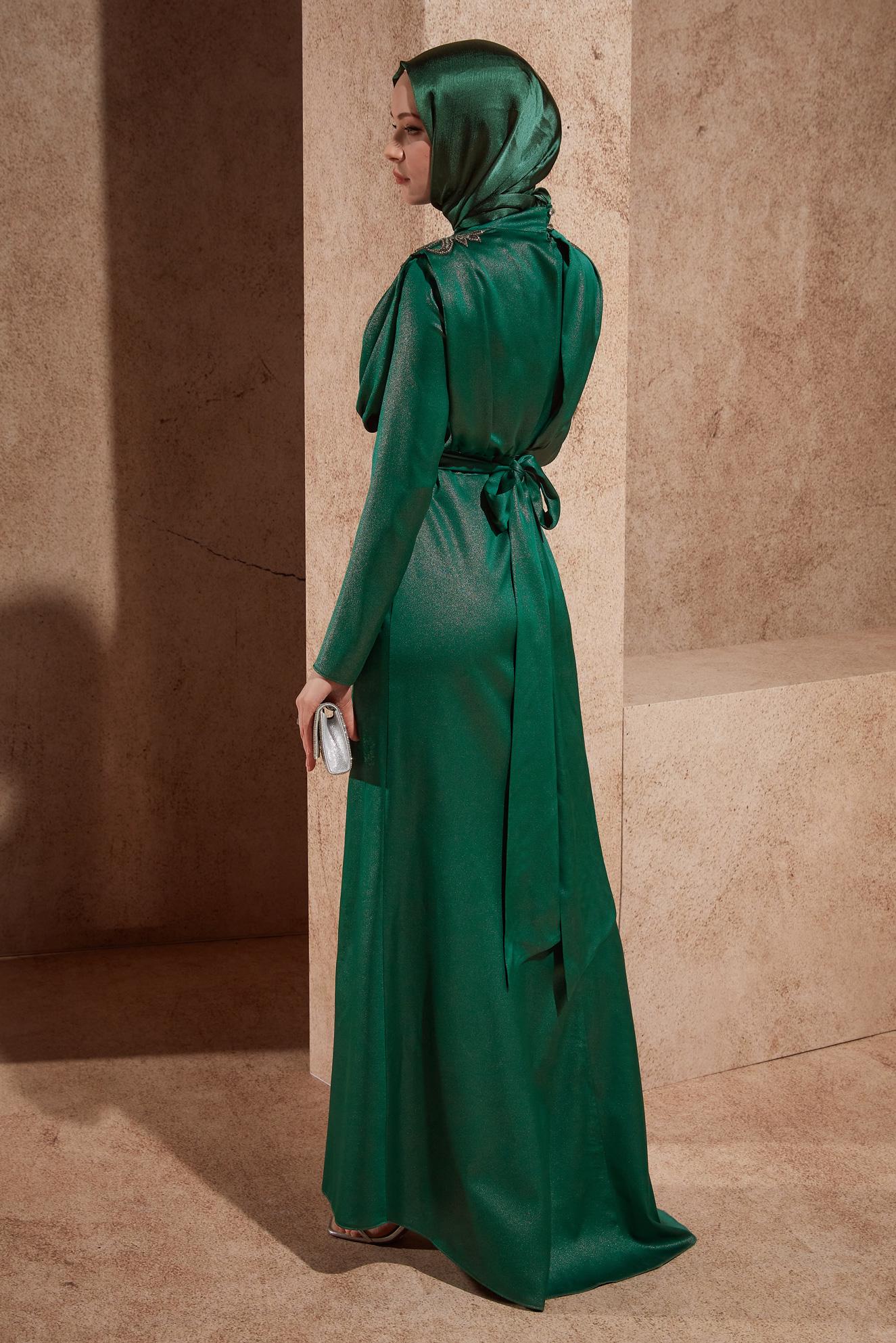 Tesettür giyim YEŞİL TAŞ DETAYLI ABİYE ELBİSE 50330