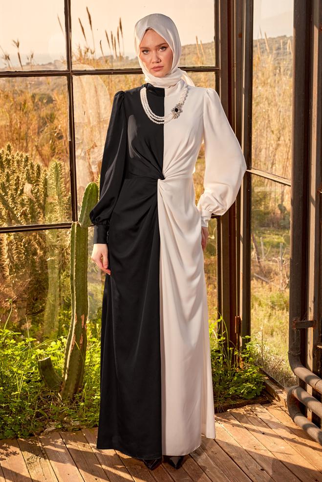 Tesettür giyim SİYAH İKİ RENKLİ AKSESUARLI ABİYE ELBİSE 50401 - ALVİNA