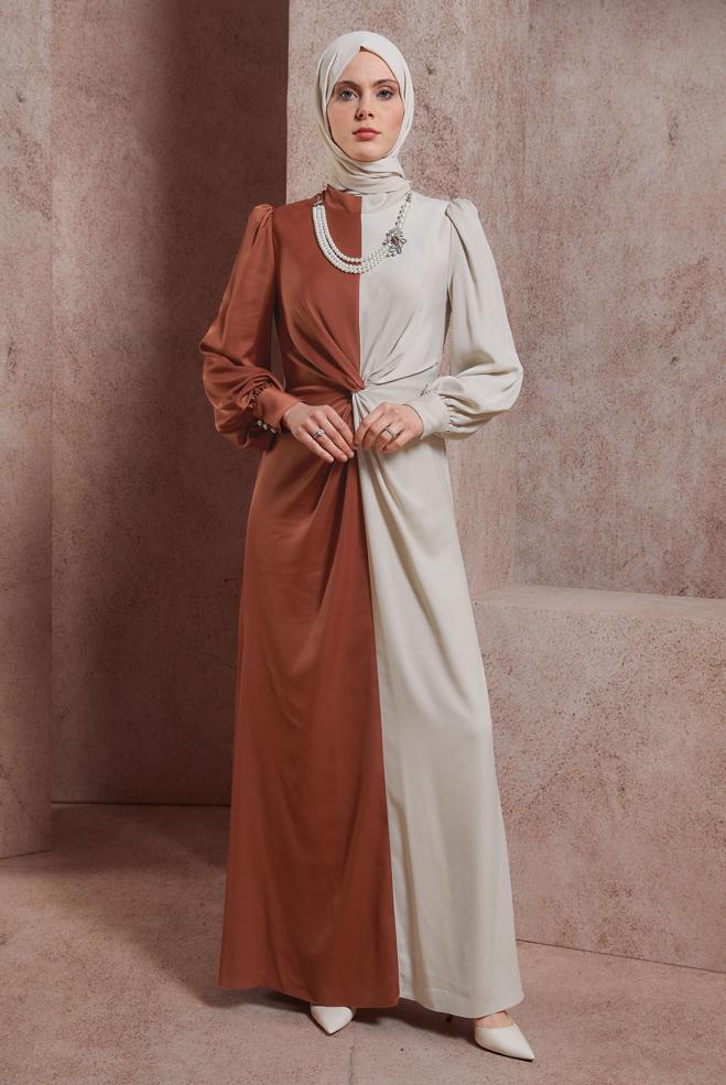 Tesettür giyim TURUNCU İKİ RENKLİ AKSESUARLI ABİYE ELBİSE 50401 - ALVİNA