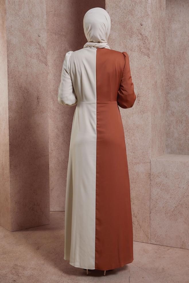 Tesettür giyim TURUNCU İKİ RENKLİ AKSESUARLI ABİYE ELBİSE 50401 - ALVİNA