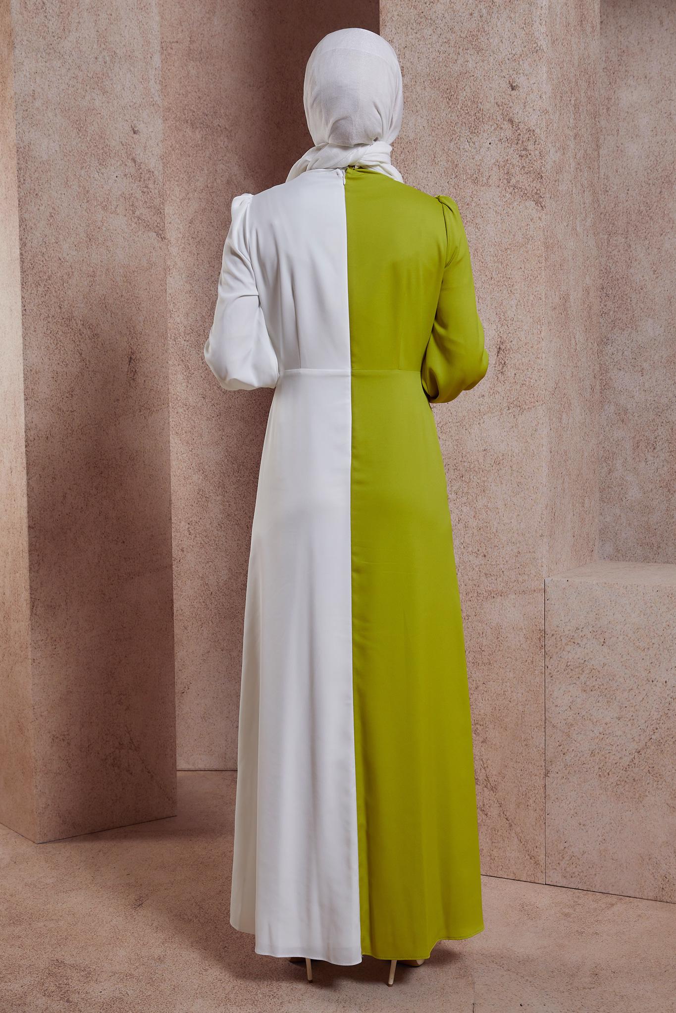 Tesettür giyim YEŞİL İKİ RENKLİ AKSESUARLI ABİYE ELBİSE 50401