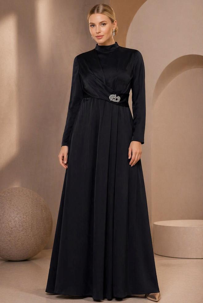 Vêtements hijab NOIR ROBE DE SOIRÉE SATINÉE TEXTURE 50403 - ALVİNA