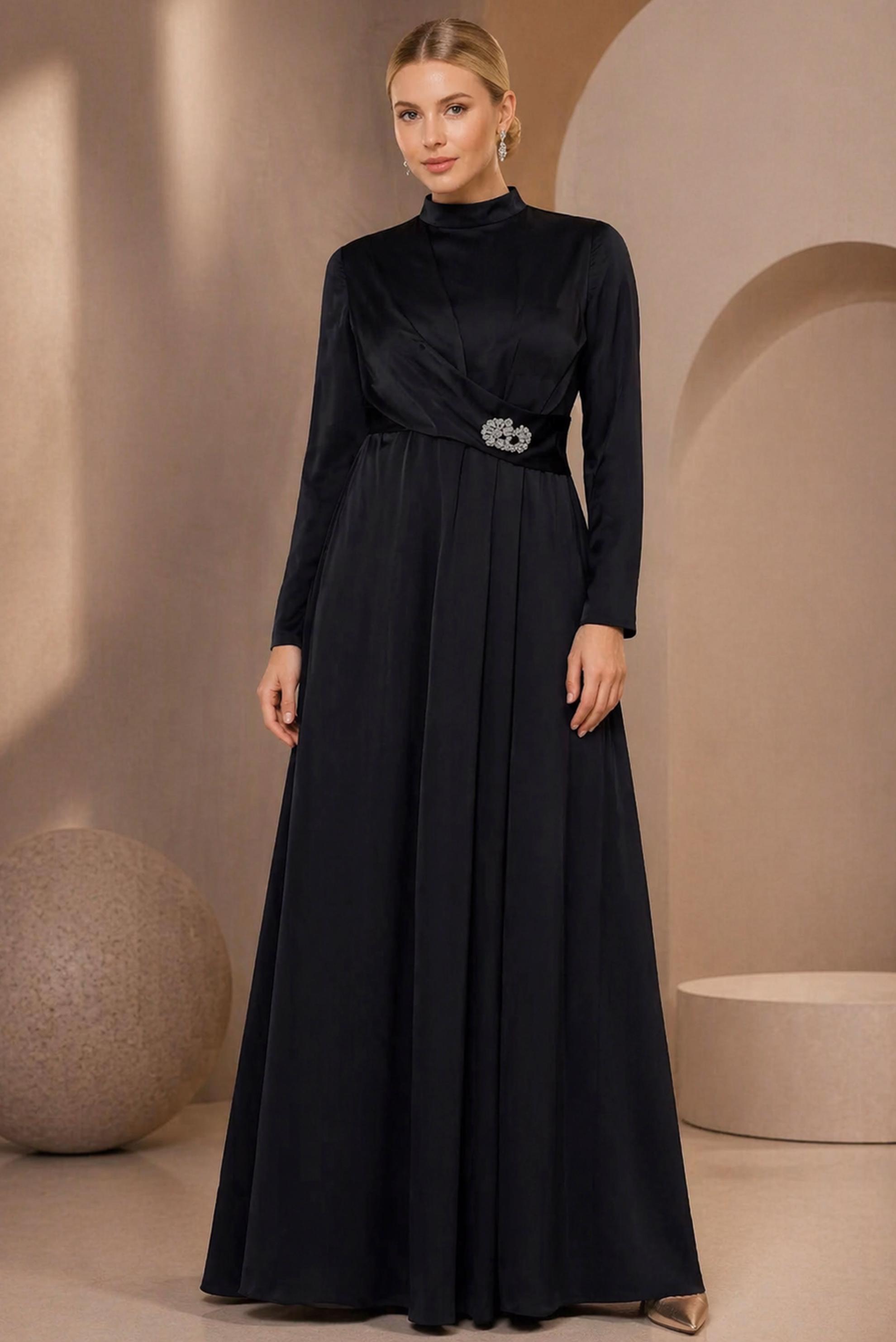 Hijab clothing BLACK SATIN TEXTURE EVENING DRESS 50403