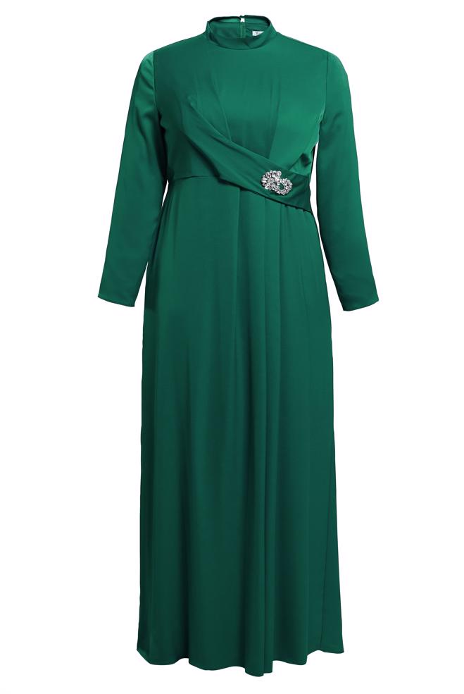 Tesettür giyim YEŞİL BÜYÜK BEDEN SATEN ABİYE ELBİSE 50403 - ALVİNA