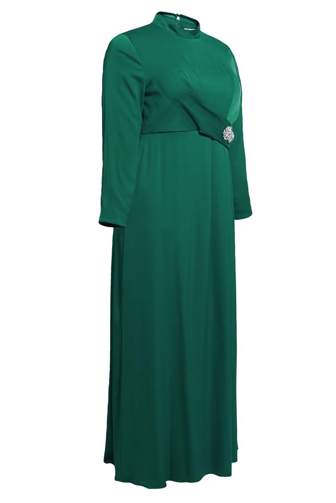 Tesettür giyim YEŞİL BÜYÜK BEDEN SATEN ABİYE ELBİSE 50403 - ALVİNA