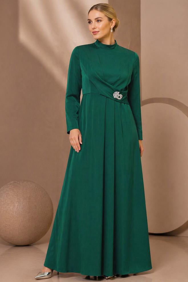 Vêtements hijab VERT ROBE DE SOIRÉE SATINÉE TEXTURE 50403 - ALVİNA