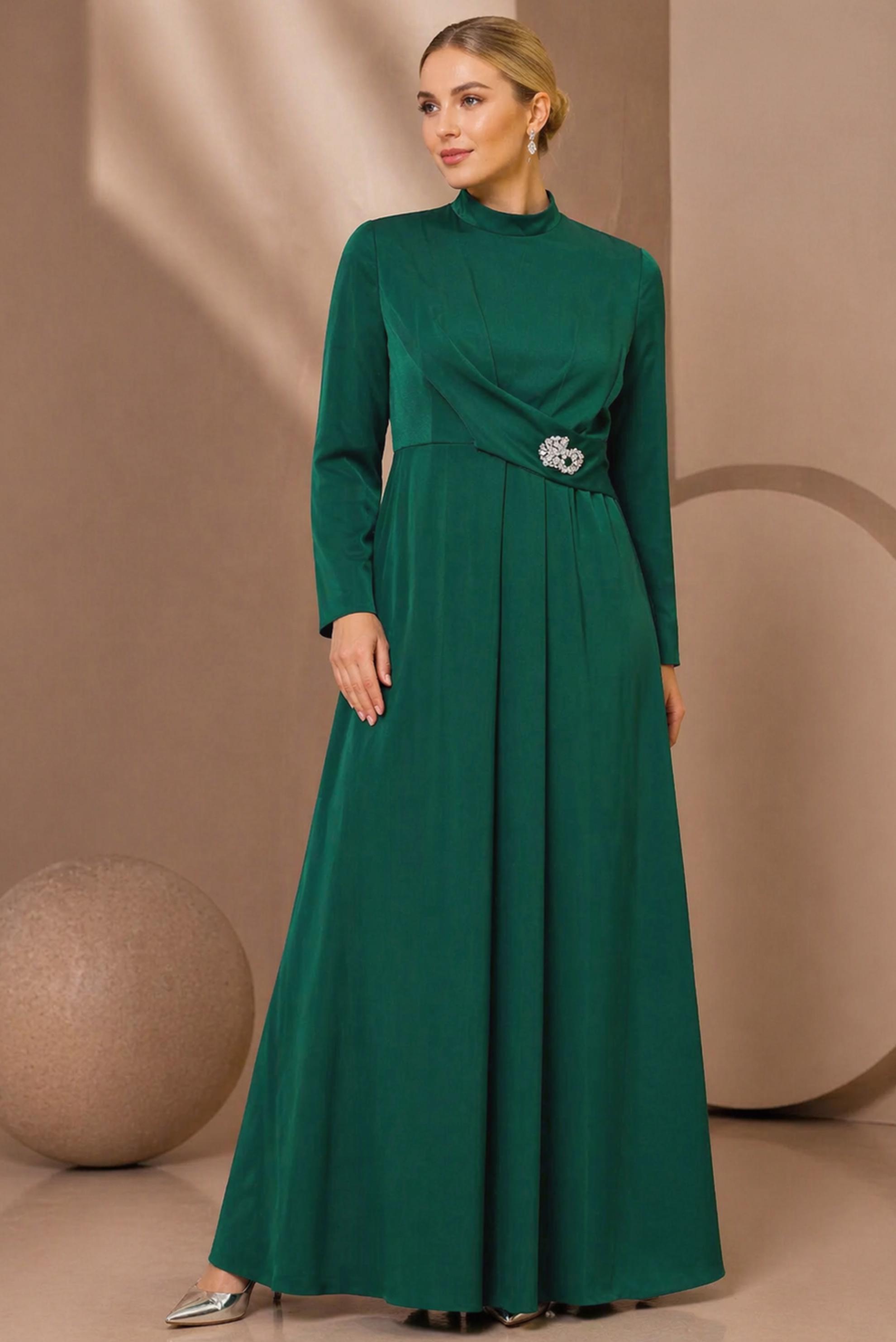 Hijab clothing GREEN SATIN TEXTURE EVENING DRESS 50403