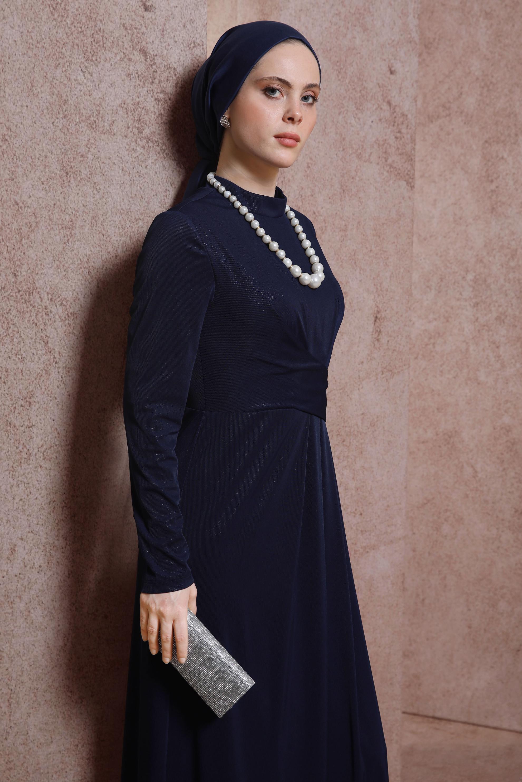 Tesettür giyim LACİVERT SİMLİ ABİYE ELBİSE 50404