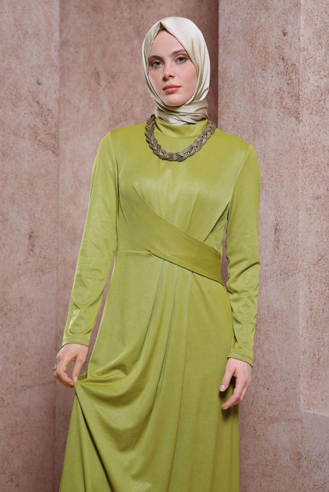 Tesettür giyim BEJ SİMLİ ABİYE ELBİSE 50404 - ALVİNA