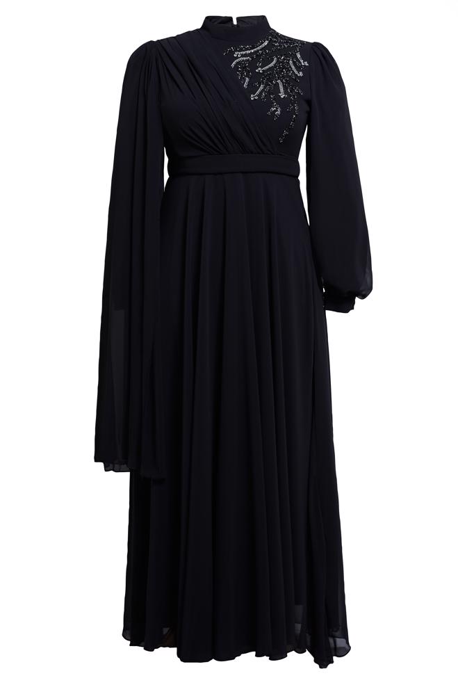 Tesettür giyim SİYAH BÜYÜK BEDEN ŞİFON ABİYE ELBİSE 50406 - ALVİNA