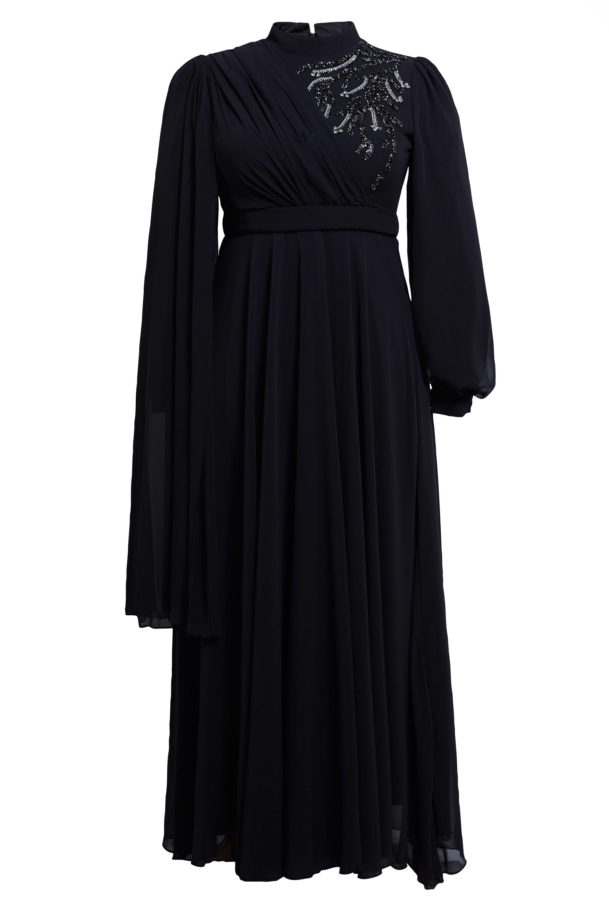 Tesettür giyim SİYAH BÜYÜK BEDEN ŞİFON ABİYE ELBİSE 50406