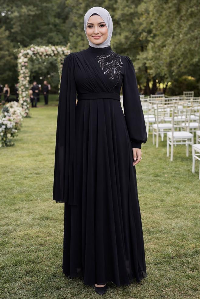 Vêtements hijab NOIR ROBE DE SOIRÉE EN MOUSSELINE GRANDE TAILLE 50406 - ALVİNA