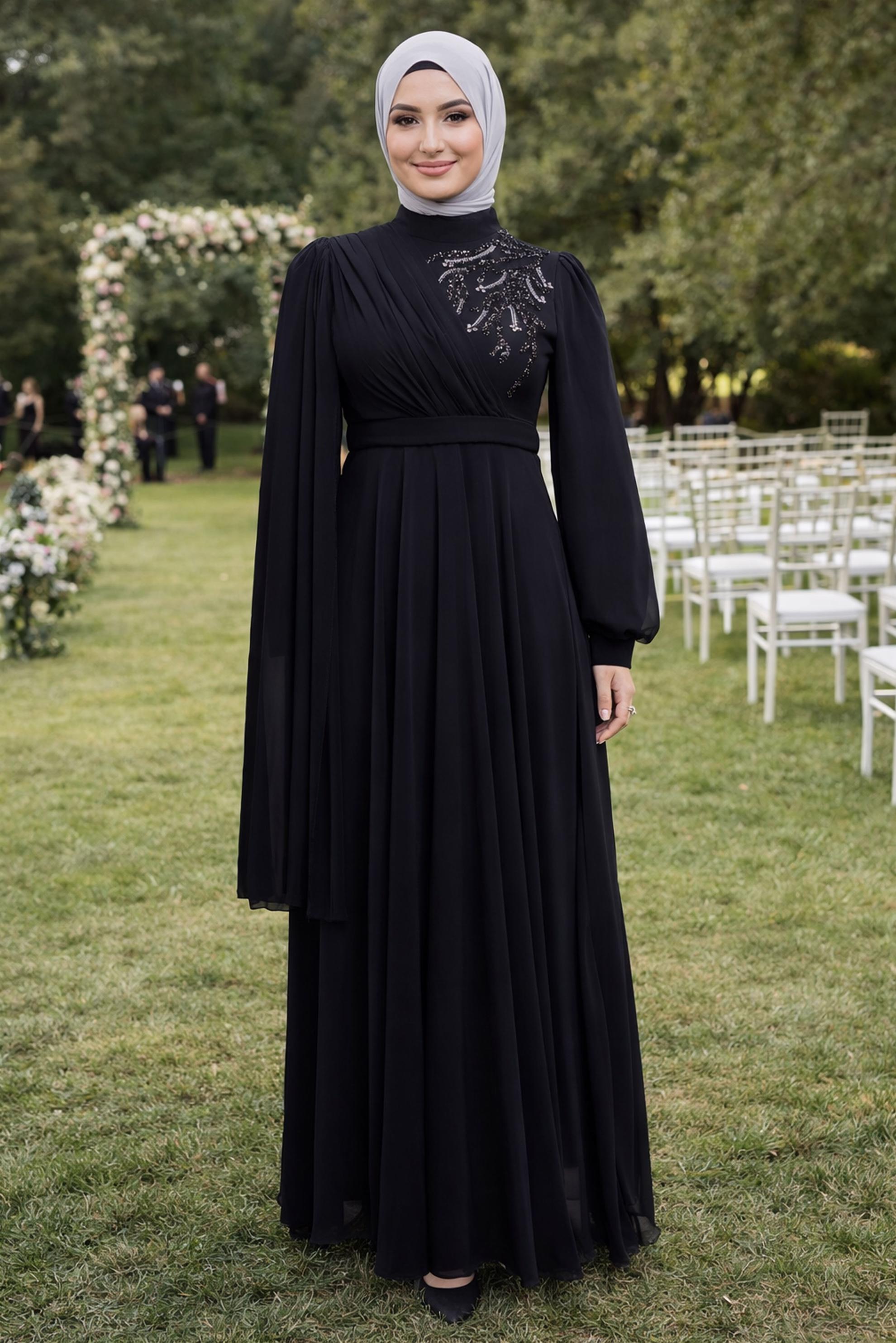 Tesettür giyim SİYAH BÜYÜK BEDEN ŞİFON ABİYE ELBİSE 50406