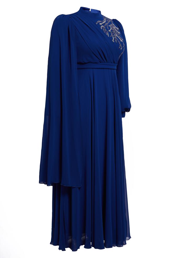 Tesettür giyim MAVİ BÜYÜK BEDEN ŞİFON ABİYE ELBİSE 50406 - ALVİNA