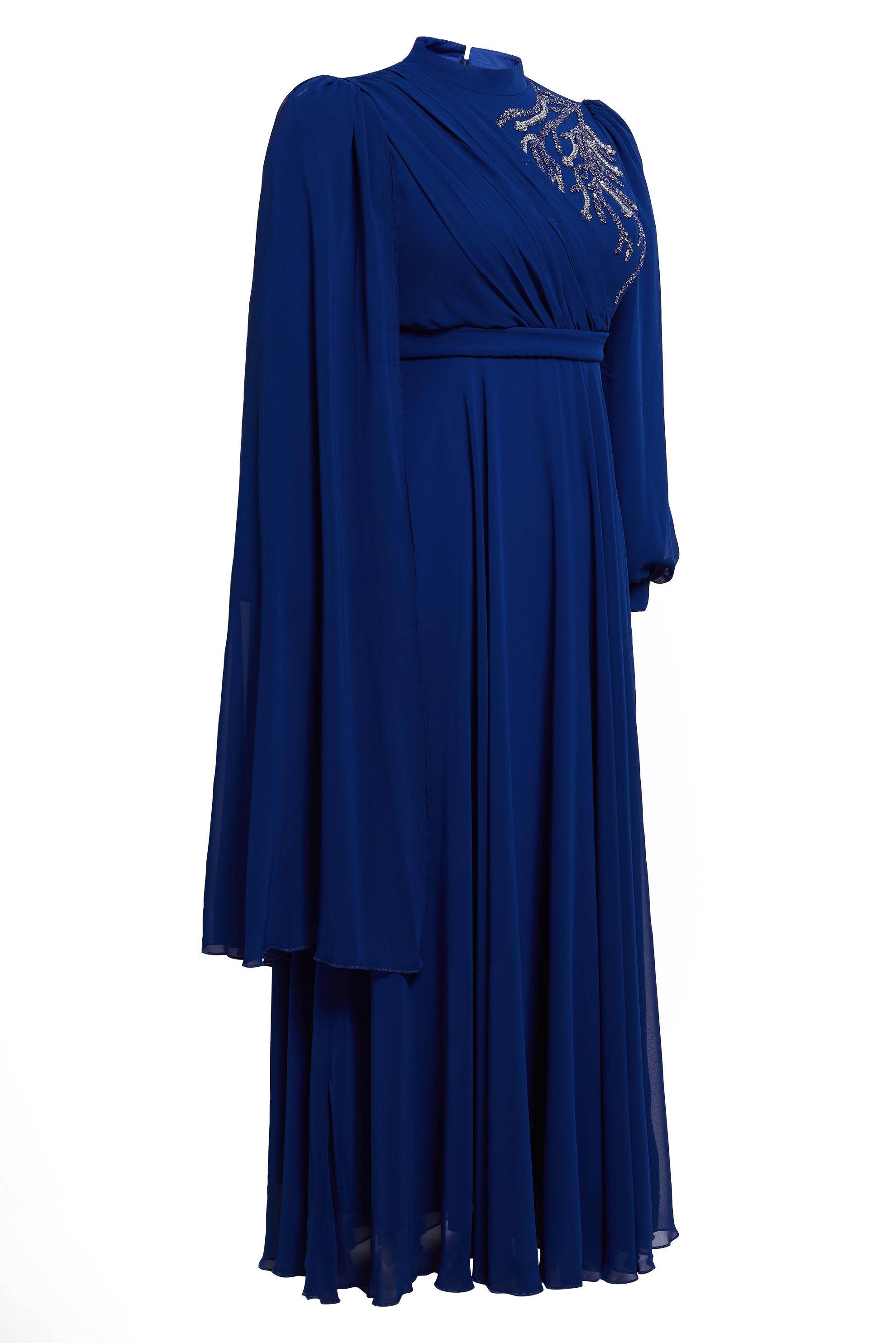 Tesettür giyim MAVİ BÜYÜK BEDEN ŞİFON ABİYE ELBİSE 50406