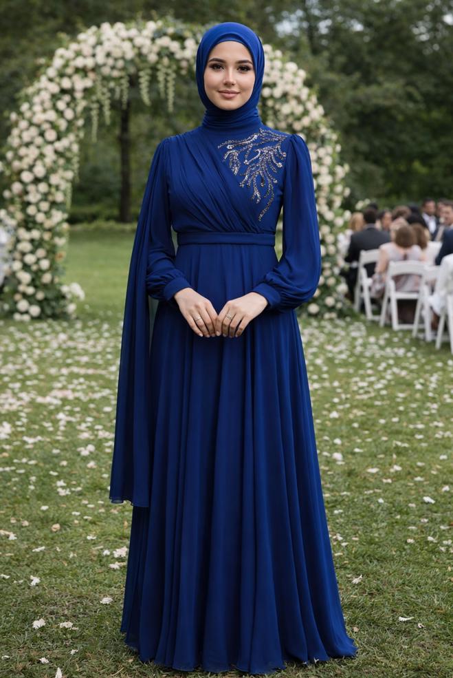 Vêtements hijab BLEU ROBE DE SOIRÉE EN MOUSSELINE GRANDE TAILLE 50406 - ALVİNA