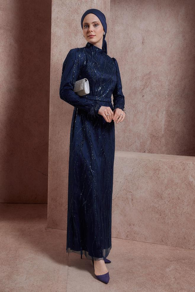 Hijab clothing NAVY BLUE SEQUINED EVENING DRESS 50407 - ALVİNA