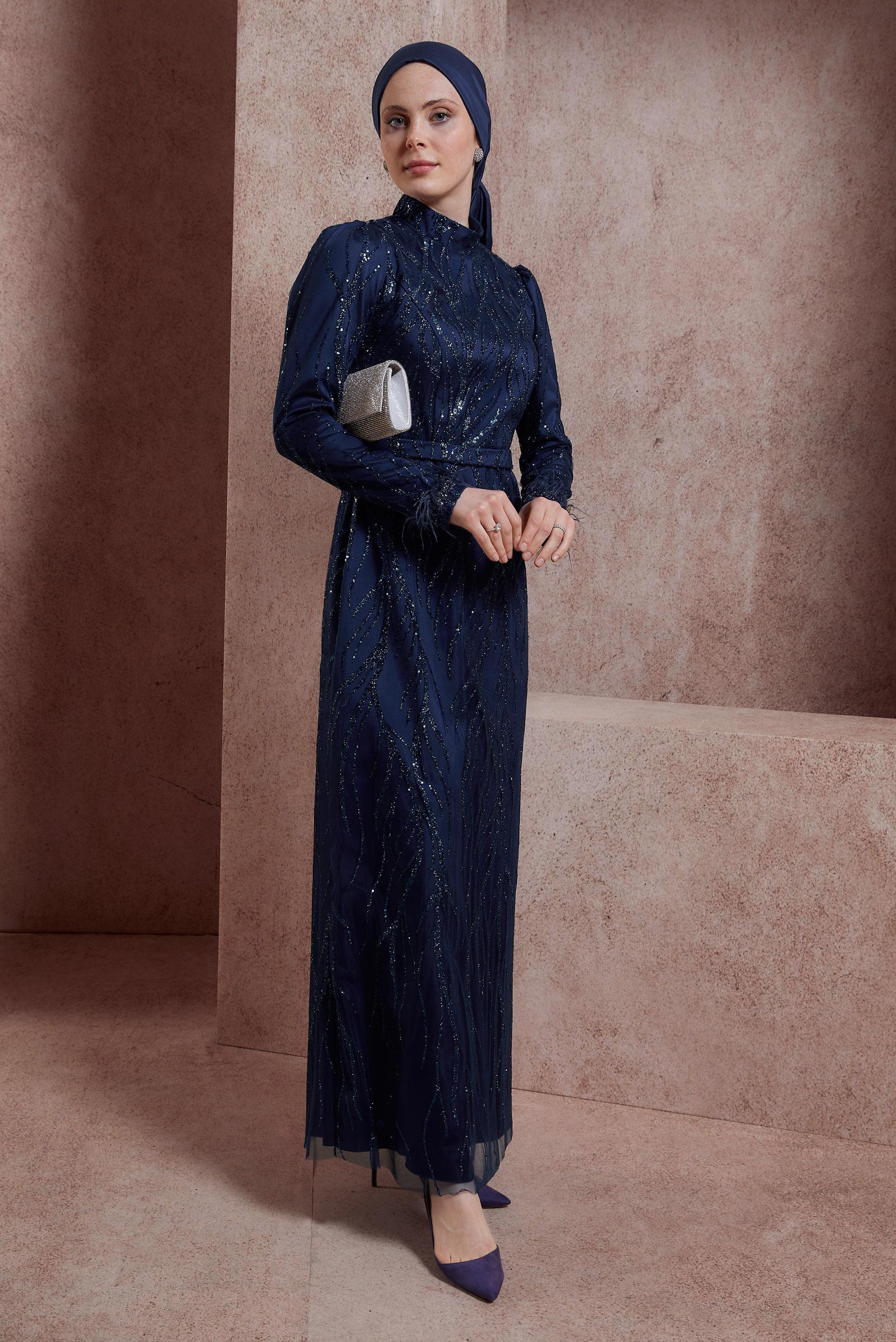 Tesettür giyim LACİVERT PUL PAYETLİ ABİYE ELBİSE 50407