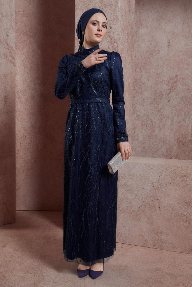 Hijab clothing NAVY BLUE SEQUINED EVENING DRESS 50407 - ALVİNA