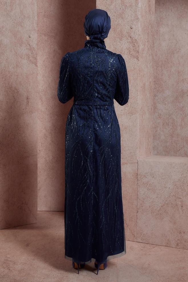 Hijab clothing NAVY BLUE SEQUINED EVENING DRESS 50407 - ALVİNA