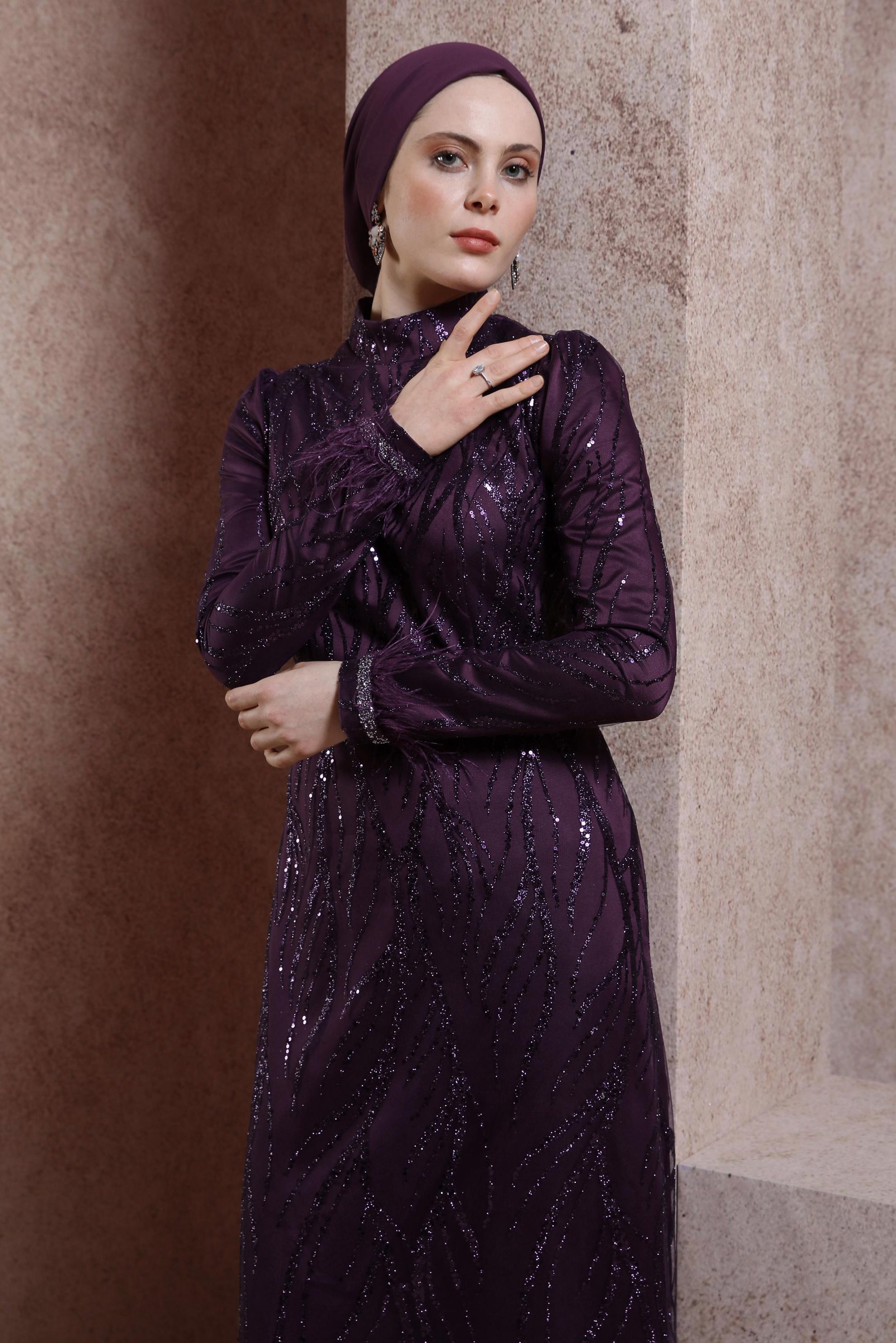 Tesettür giyim MÜRDÜM PUL PAYETLİ ABİYE ELBİSE 50407