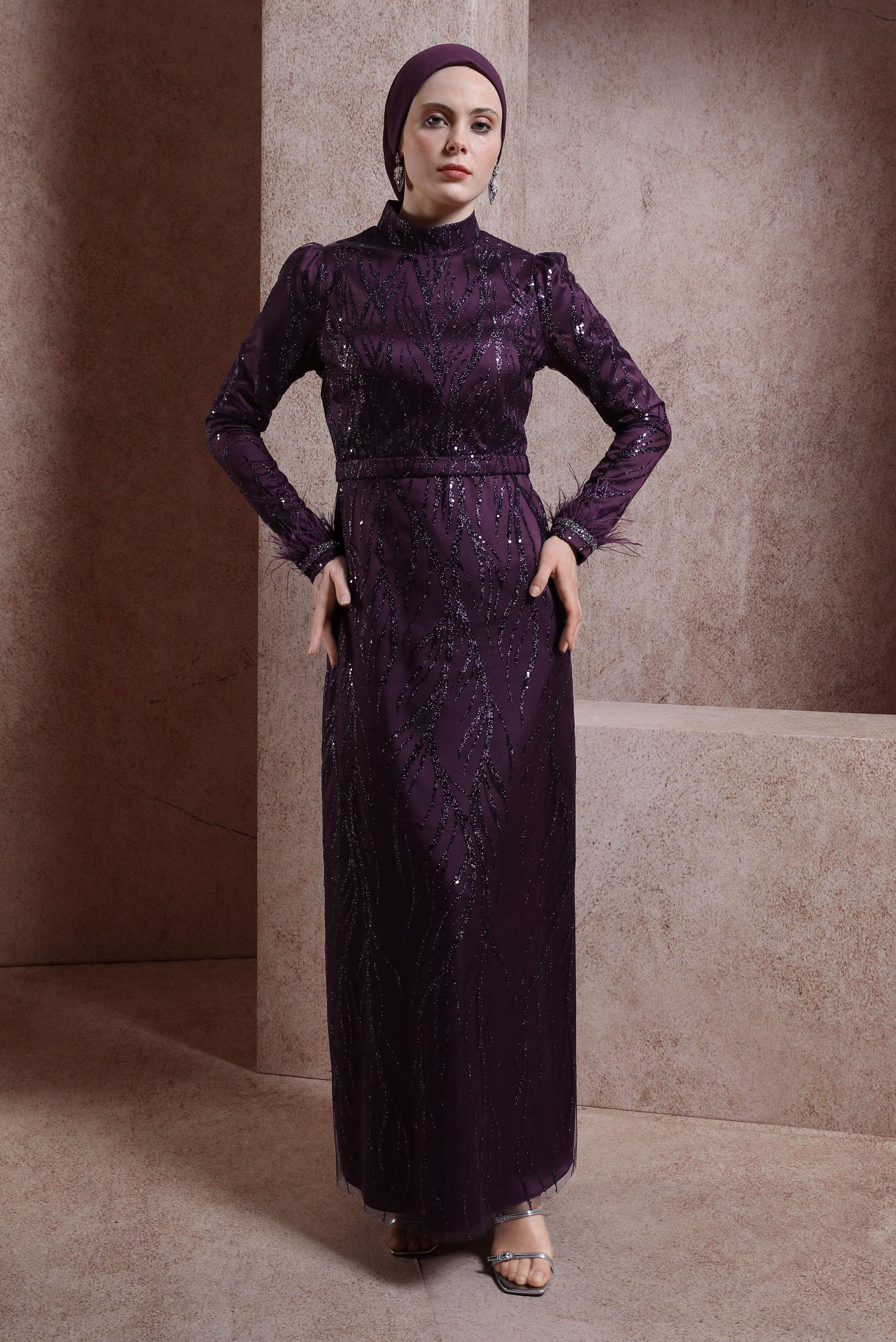 Tesettür giyim MÜRDÜM PUL PAYETLİ ABİYE ELBİSE 50407