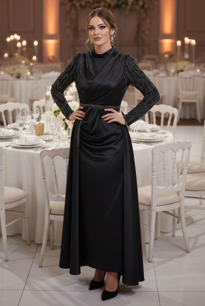 Vêtements hijab NOIR ROBE DE SOIRÉE GRANDE TAILLE 50408 - ALVİNA