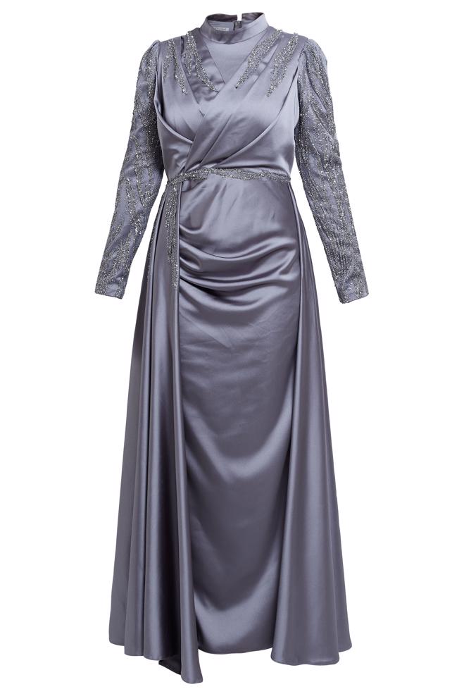 Tesettür giyim GRİ TAŞLI BÜYÜK BEDEN ABİYE ELBİSE 50408 - ALVİNA