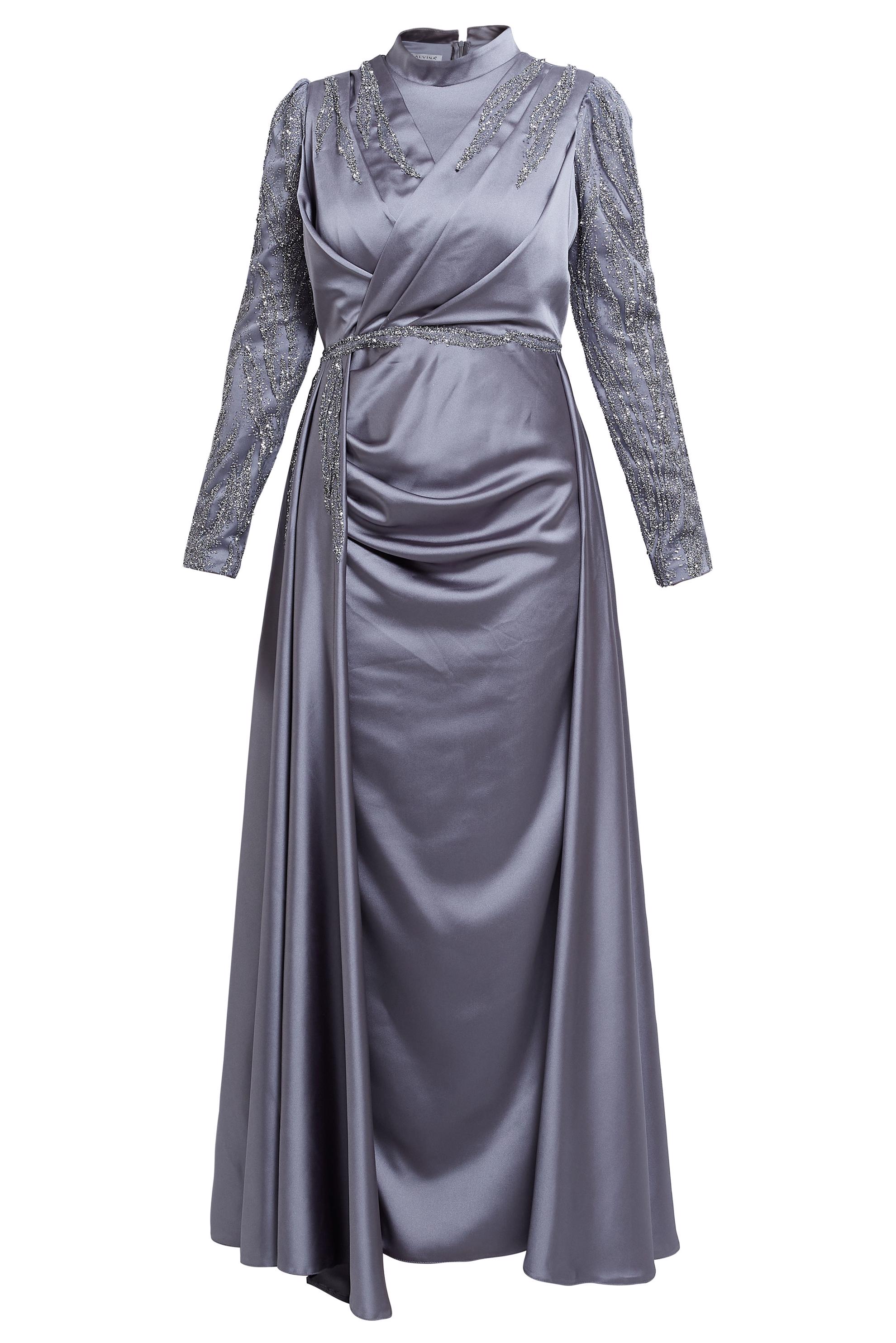 Tesettür giyim GRİ TAŞLI BÜYÜK BEDEN ABİYE ELBİSE 50408