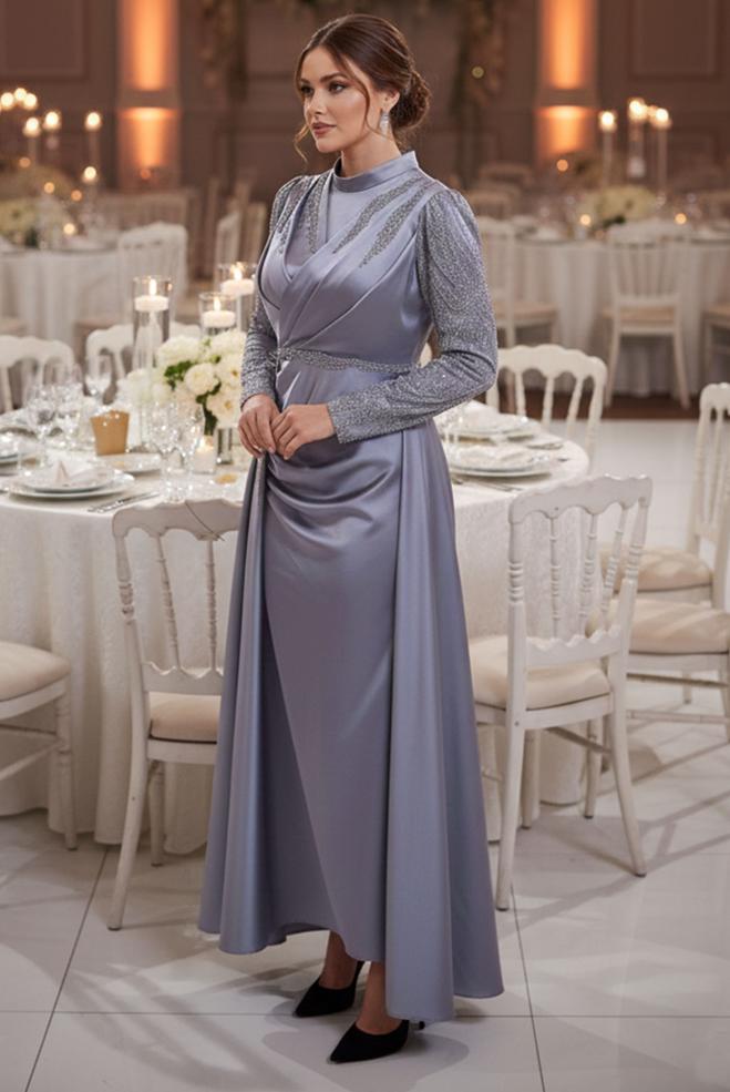 Vêtements hijab GRIS ROBE DE SOIRÉE GRANDE TAILLE 50408 - ALVİNA
