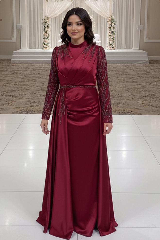 Vêtements hijab ROUGE BORDEAUX ROBE DE SOIRÉE GRANDE TAILLE 50408 - ALVİNA