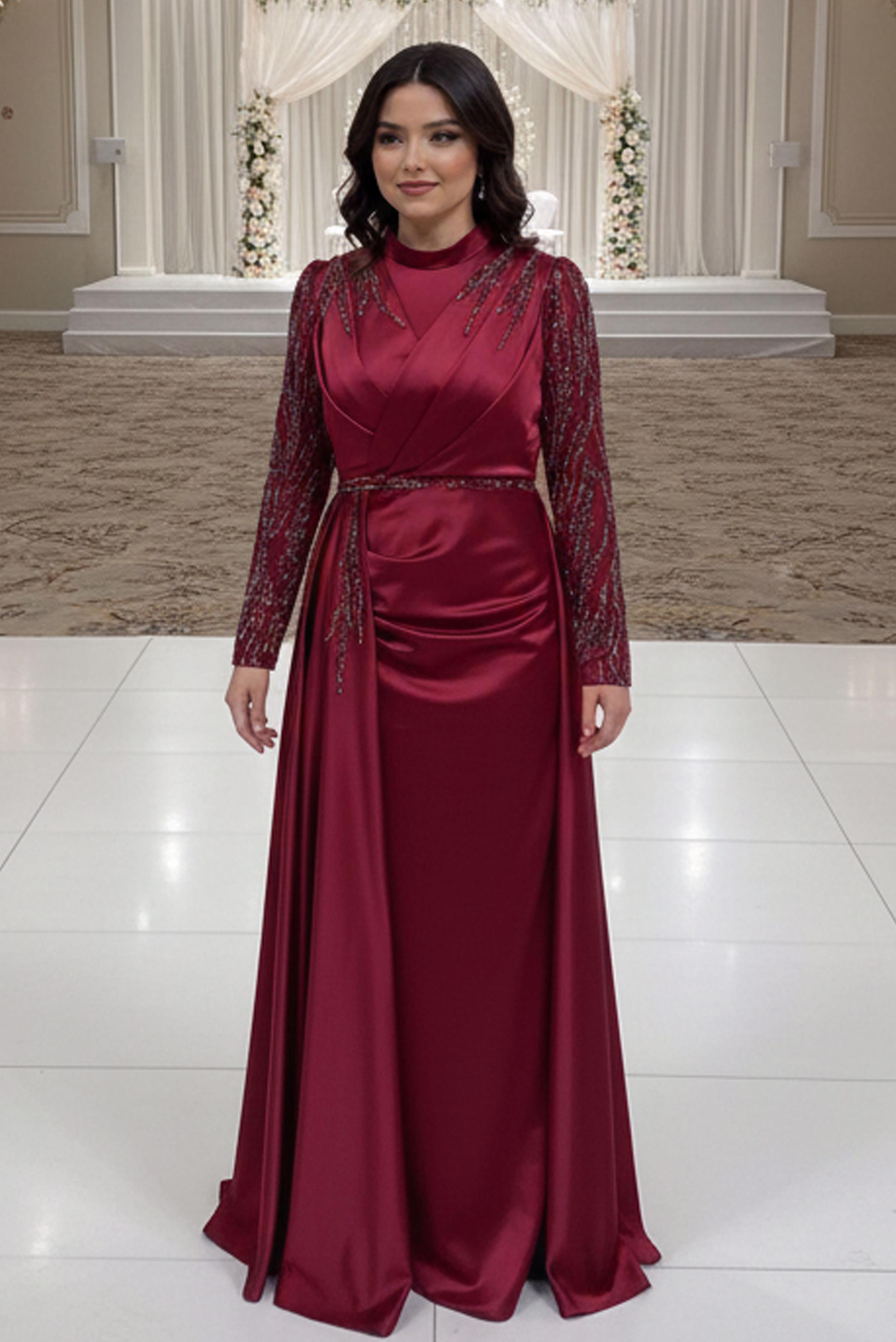 Tesettür giyim BORDO TAŞLI BÜYÜK BEDEN ABİYE ELBİSE 50408