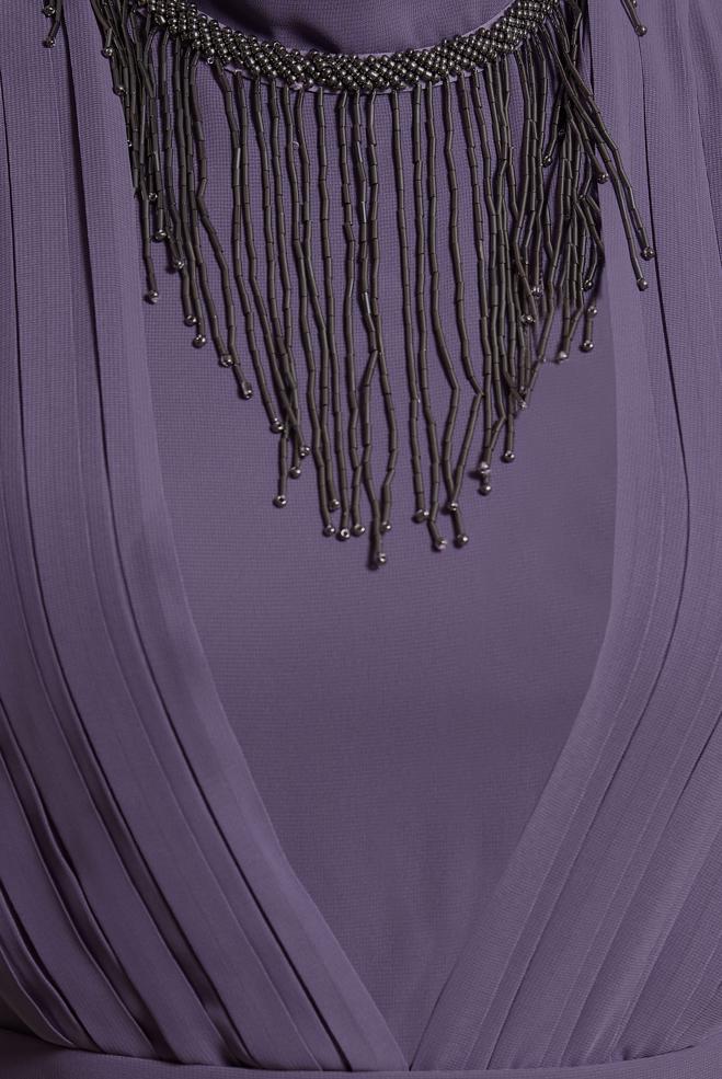 Tesettür giyim MOR KUŞAKLI KOLYE DETAYLI ABİYE ELBİSE 50411 - ALVİNA